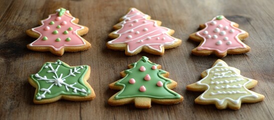 Decorative Christmas cookies arranged on a wooden surface showcasing festive designs and bright colors for holiday celebrations