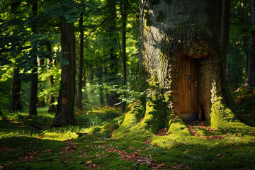 Fantastically door in wild forest leading to deep unknown