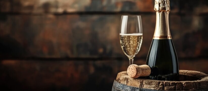 Champagne bottle cork with sparkling glass on a wooden barrel background ready for celebration and customizable text area
