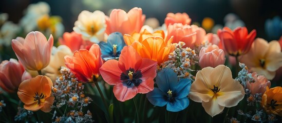 Vibrant close-up of diverse tulip species showcasing a colorful array of blooms in a natural garden setting.
