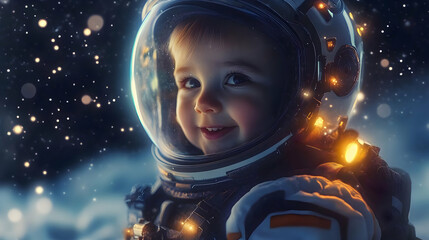 Baby Astronaut Smiling in Space with Twinkling Stars Surrounding