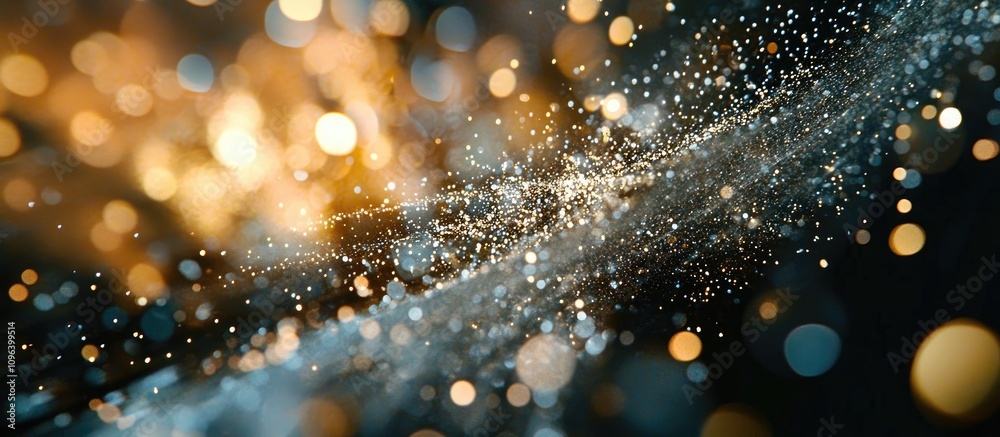 Poster abstract shimmering bokeh lights in soft golden and blue hues creating a dreamy and festive atmosphe