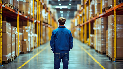 Fototapeta premium Man in Blue Jacket Surveys Large Warehouse Rows of Cardboard Boxes