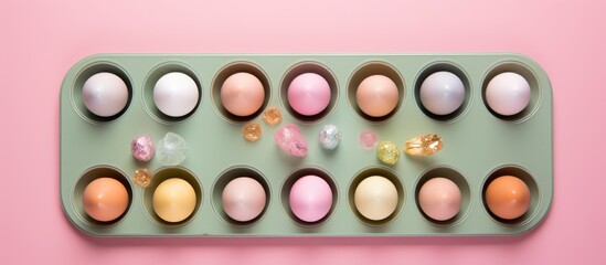 Easter eggs arranged in a muffin tin on a soft pastel pink background celebrating spring and festive creativity