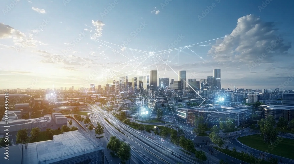 Poster a cityscape with a network of lines connecting the buildings