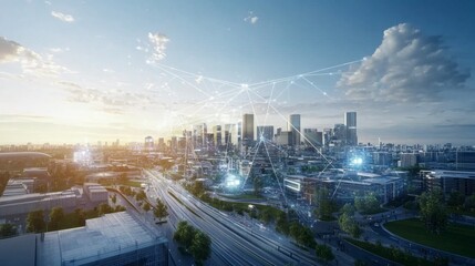 A cityscape with a network of lines connecting the buildings