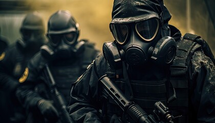 Fully armored elite soldiers equipped with tactical gear and gas masks navigate through a hazardous area, showcasing their precision and readiness in a critical mission