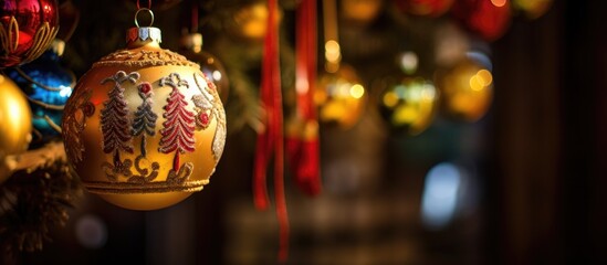 Colorful Christmas ornaments hanging on a tree showcasing intricate designs and textures in a warm festive ambiance