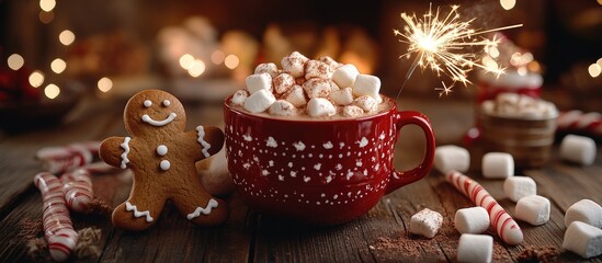 Cozy festive scene with hot chocolate topped with marshmallows gingerbread man and sparkler on rustic wooden table with bokeh lights