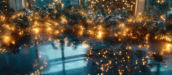 Naklejka premium Christmas garland illuminated with warm lights reflecting on a glossy glass table creating a festive atmosphere in a cozy setting
