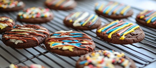 Fototapeta premium Colorful decorated cookies cooling on a wire rack showcasing delightful frosting designs and tempting textures for dessert inspiration.