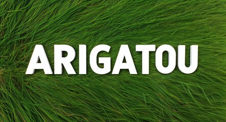 arigatou white lettering on grass background