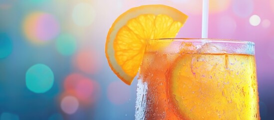Cold refreshing orange punch cocktail with citrus slice and colorful bokeh background perfect for summer beverage promotions and ads.