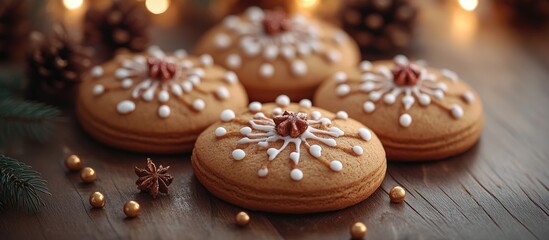 Fototapeta premium Homemade Christmas gingerbread cookies beautifully decorated on a rustic table with festive lights and natural holiday elements