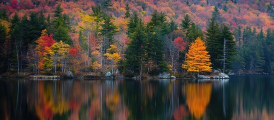 Naklejka premium Vibrant autumn landscape reflecting colorful foliage on serene lake surrounded by lush trees and stunning natural scenery