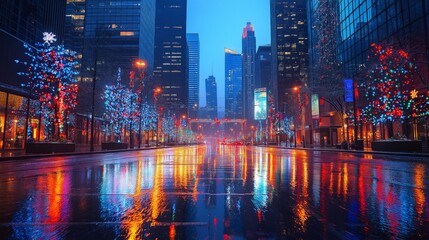 Fototapeta premium Cityscape Downtown Skyscrapers Christmas Lights Reflections
