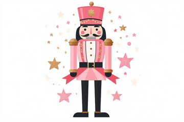playful illustration of a pink nutcracker with a whimsical design surrounded by stars and sparkles on a white background  
