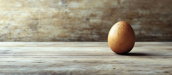Easter egg on rustic wooden surface with neutral background ideal for seasonal promotions and thematic inserts.