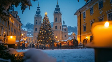 Fototapeta premium Cozy Town Christmas Tree Lighting Warm Candlelight