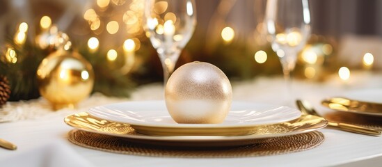 Elegant holiday table setting with golden cutlery festive decorations and a sparkling centerpiece for Christmas or New Year celebration.