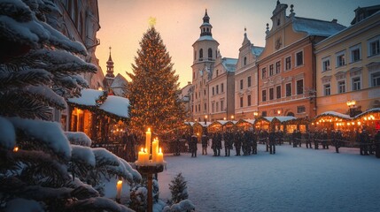 Obraz premium Festive Town Christmas Tree Lighting Baroque Architecture