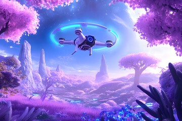 A drone flying over an alien planet with purple flora and trees, glowing blue lights in the sky