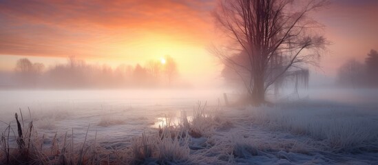 Serene sunrise scene with golden hues illuminating misty landscape and frosty field, capturing the tranquility of early morning nature.