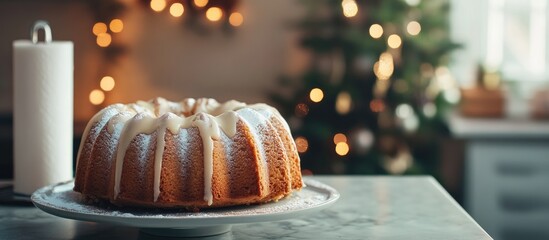 Obraz premium Eggnog flavored bundt cake cooling on kitchen counter decorated for the holidays with festive lights and a warm cozy ambiance.