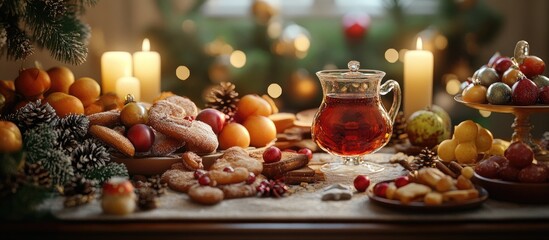 Festive Christmas table setting with gingerbread cookies tea candles seasonal fruits and colorful caramel candies in a cozy atmosphere