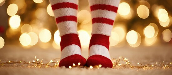 Festive stripped socks on a cozy carpet with glowing holiday lights in the background creating a warm Christmas atmosphere