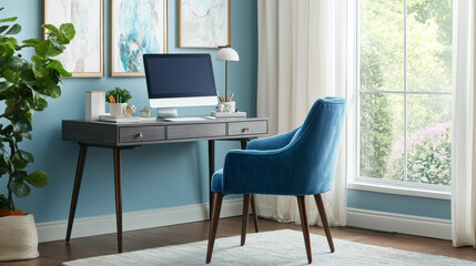Fototapeta premium modern living room office interior with a cozy blue fabric dining chair paired with a sleek grey writing desk. The desk is organized with essential office supplies and a home office computer, creatin