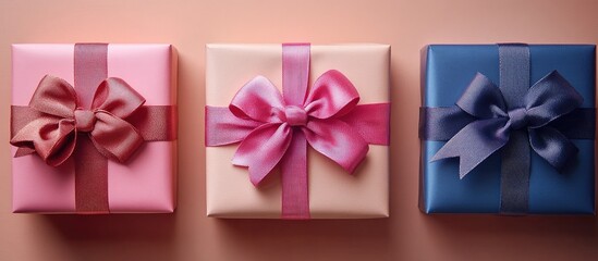 Aerial view of beautifully wrapped gift boxes with ribbons on pastel background for festive shopping promotions and Black Friday sales ideas