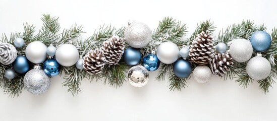 Festive decoration with fir branches, silver and blue ornaments, and pine cones on a white background ideal for seasonal marketing and promotions