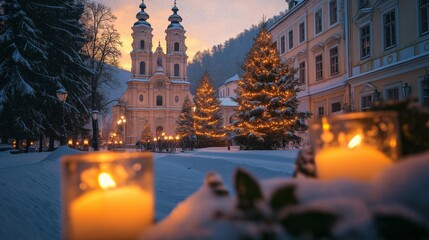 Fototapeta premium Magical Town Christmas Tree Lighting Warm Candlelight