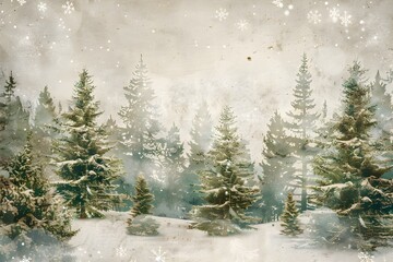 Fototapeta premium A serene winter landscape featuring snow-covered evergreen trees and a soft, dreamy atmosphere.