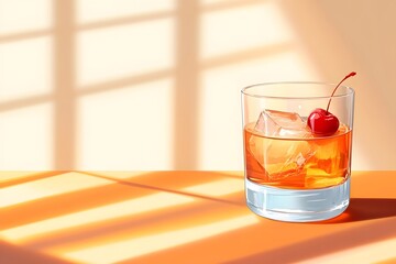 A glass of whiskey with ice cubes and a cherry, simple flat illustration style, retro colors