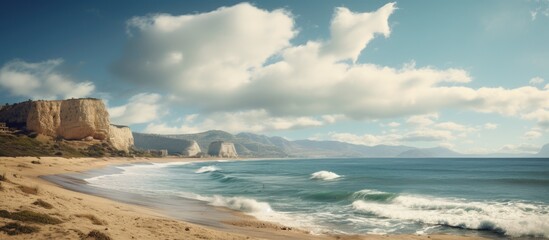 Scenic coastline in Castellon province featuring waves, sandy beach, and dramatic cliffs under a bright blue sky with fluffy clouds.