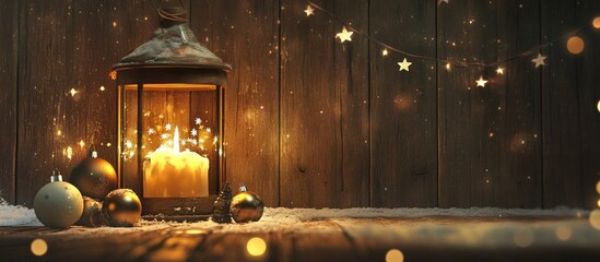 Rustic Christmas lantern with glowing candle surrounded by decorative ornaments and star lights on a wooden surface for festive ambiance