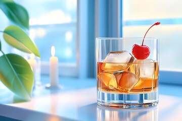 A glass of whiskey with ice cubes and a cherry, simple flat illustration style, retro colors