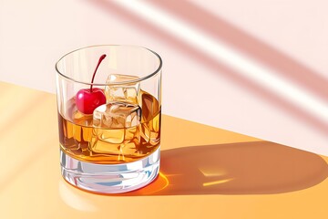 A glass of whiskey with ice cubes and a cherry, simple flat illustration style, retro colors
