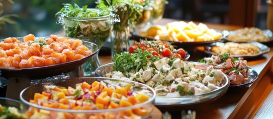 Elegant dinner table set for celebration showcasing a variety of beautifully arranged gourmet dishes and fresh salads