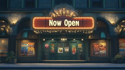 Vintage Theater Facade at Night with Bright Marquee Lights and Colorful Movie Posters Showcasing a Welcoming Atmosphere for Movie Lovers and Visitors