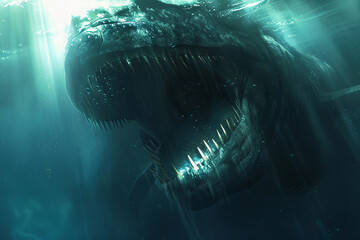 Fototapeta premium Terrifying scary sea monster in dark depths of deep ocean