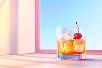 A glass of whiskey with ice cubes and a cherry, simple flat illustration style, retro colors