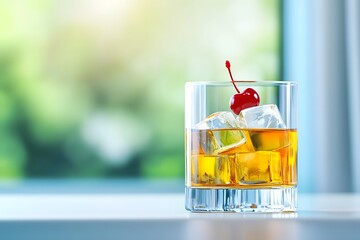 A glass of whiskey with ice cubes and a cherry, simple flat illustration style, retro colors