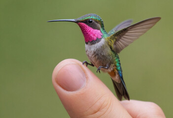 Fototapeta premium pink colibri on someone's finger 