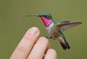 Fototapeta premium pink colibri on someone's finger 