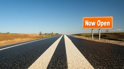Open Road with Vibrant Now Open Sign Under Clear Blue Sky Illustrating Opportunity for Travel and Adventure in an Expansive Landscape