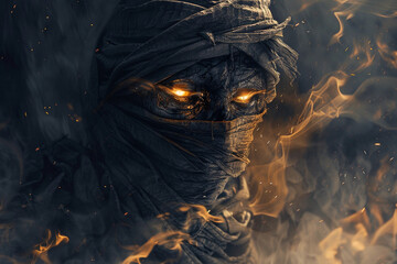 Scary sinister mummy wandering in street with dramatic lighting