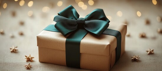 Elegant golden gift box adorned with a stylish green satin bow on a softly lit background for festive celebrations